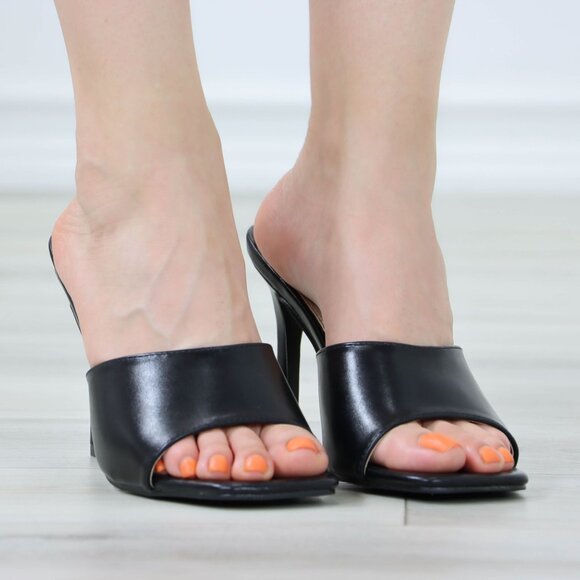 Black High Heel Sandals Square Open Toe Slip On Mules Stiletto's - Picture 6 of 11